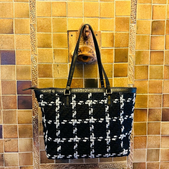 Christian Lacroix bag/tote plaid fabric navy & white, brass accents 16.5"W 11"H - Picture 3 of 7